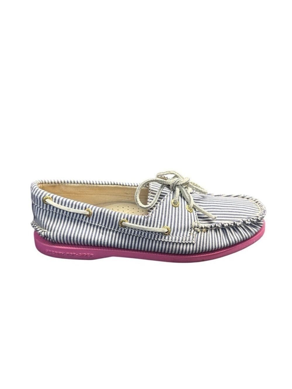 Sperry for J. Crew Women's Boat Shoes Blue Stripe Pink Soles Size 6.5 Casual